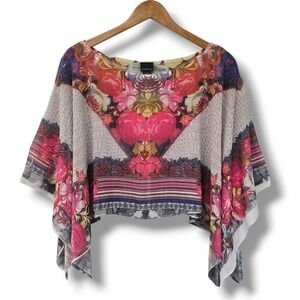Covington Poncho Top XL White Pink Floral Sheer Metallic Crop Boho Resort Cruise